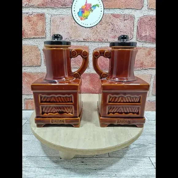 Vintage Brown Glaze Unique Oil And Vinegar Dispensers With Stoppers From Japan - Picture 5 of 10